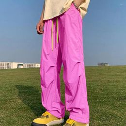 Men's Pants Candy Colour Pink Loose Fit Cargo For Men Solid Streetwear Tooling Trousers Mid-waist Drawstring Beam Feet Parachute