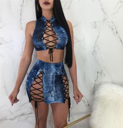 Two Piece Dress Sexy Lace Up Sets Women Bodycon Dresses Summer Sleeveless Hollow Out Jeans Crop Top And Skirt Set Party Club Outfi6914752