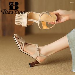 Dress Shoes RIZABINA Rome Style Women Sandals Narrow Band Genuine Leather Summer Casual Mid Heels Pumps T-tied Buckle Strap Woman 2024