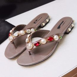 Top Quality luxuries designer Women's Pearl rivet water drill Slippers Sandals Shoes Slide Summer Fashion Flip Flops beach slippers 35 - 43