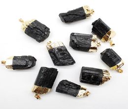 Pendant Necklaces Natural Black Tourmaline Stone Electroplating Gold Colour Pillar Cylindrical Energy DIY Woman Man Gift Jewellery 5P1342038
