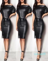 Casual Dresses Black Asymmetrical Sexy Faux Leather Bodycon Dress Women Summer Long Sleeve Knee Length Pencil2223247