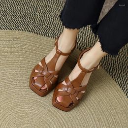 Casual Shoes 2024 Summer Thick Heel Romen Sandals Women High Leather Retro Weave Hollow Platform British Style Female