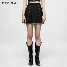 Skirts PUNK RAVE Women's Dark Gradient Lace Heavy Pleated Skirt Metal Buckle High Waist Personality Sexy Club Black Mini