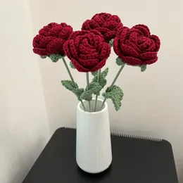 Decorative Flowers Knitted Wool Rose Wine Red Handmade Crochet Flower Wedding Valentine's Day Party Gifts Home Room Decorations