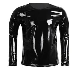 Men039s TShirts Black Men Patent Leather Street Tees Long Sleeve Zipper ONeck Tshirt Nightclub Style Metallic Shiny Hip Hop 4594605