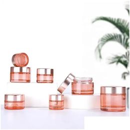 Cosmetic Jar Wholesale Pink Glass Cream With Rose Gold Lid 5G 10G 15G 20G 30G 50G 60G 100G Makeup Refillable Travel Sample Container B Dhpem
