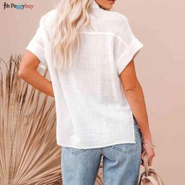 Women's Polos Cotton T Shirts With Pocket Solid Colour Ladies Comfy Casual Blouses Loose Fit Turndown Collar Retro Style Office Lady Suit