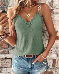 Women's Tanks Tops Casual 2024 Summer Sexy Solid Colour Chain Decor Straps Eyelet Embroidery Lace Patch V-Neck Sleeveless Tank Top