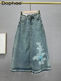 Skirts Retro A- Line Denim Skirt For Women 2024 Spring High Waist Loose And Slimming Embroidered Mid-Length Umbrella Female