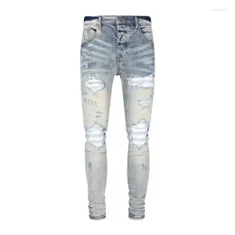 Men's Jeans Latest Street Fashion Light Blue High Quality Vintage Elastic Slim Fit Split Washed Designer Hip Hop Bra