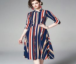 Top quality summer blue red beige striped women dress stand collar MidCalf 34 sleeve Runway dresses3507065