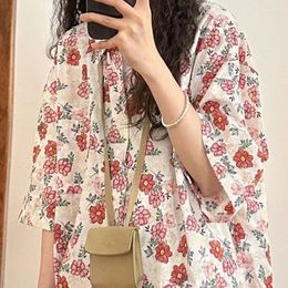 Women's Blouses Harajuku Brand Fashion Flower Shirts Summer Lapel Collar Buttons Blouse Men Women Aesthetic Y2K Tops Loose Oversized Beach