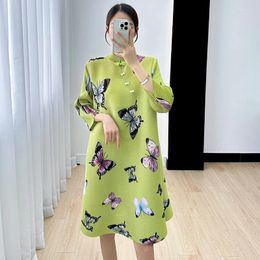 Casual Dresses Miyake Chinese-style Improved Cheongsam Skirt Women's Summer Thin Western Butterfly Printed Pleated Dish Dress