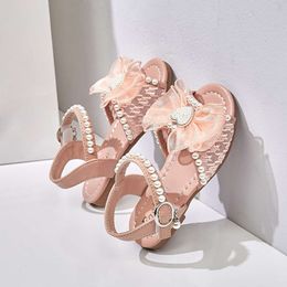 Girls Sandals Children Versatile Solid Color Rhinestones Low Lace Bow Pearls 2023 Kids Princess Shoes for Party Wedding Shows