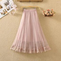 Skirts Tutu Tulle Long Maxi Skirt Women Fashion 2024 Korean Cute Pink High Waist Pleated Mesh Female Lady Aesthetic Faldas