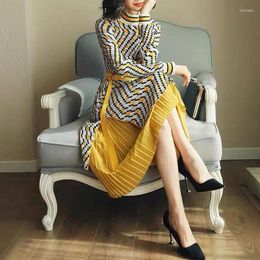 Casual Dresses Elegant Stylish Pleated Patchwork Female Clothing Geometric Printed Spring Autumn O-Neck A-Line Sashes Midi Dress