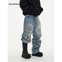 Men's Jeans Washed Distressed Graffiti Silhouette Loose Dirty Light Blue Denim Y2k Pants