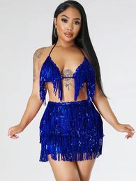 Work Dresses Sexy Sequin Tassel 2 Piece Clubwear Set Women For Party Halter Corset Tops And Skirts High Waist Night Club Outfits Matching