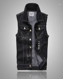 Plus Size Ripped Black Denim Vest Mens Slim Fit Male Jeans Sleeveless Jacket Tank Top Cowboy Brand 5XL Armhole Style12562877