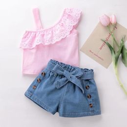 Clothing Sets Summer Kids Clothes Girls Solid Lace Patchwork One-shoulder Sleeveless T-shirt Top Denim Shorts Children