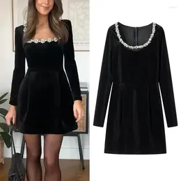 Party Dresses HXAO Black Dress Velvet Mini Women Square Collar Beaded Long Sleeve A-Line 2024 Chic Elegant Luxury