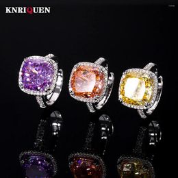 Cluster Rings Trend Iced Cut Square 10 10MM Amethyst Topaz Tourmaline For Women High Carbon Diamond Ring Cocktail Party Fine Jewellery