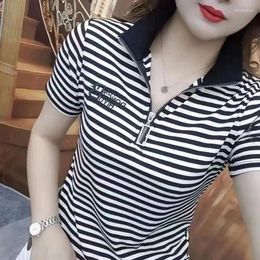 Women's Polos Polo Neck Shirt For Women Graphic Striped Slim Casual Woman T Tops Korean Style Short Sleeve Tee Youth High Quality On Offer