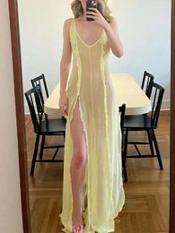 Casual Dresses OMSJ Sexy Summer Boho Mesh Long Dress Female See Through V Neck Sleeveless Backless Split Ruffle Bikini Cover Up Robes