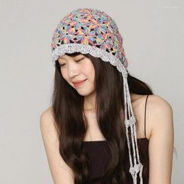 Berets Korean Fresh And Cute Hand-woven Fringed Women's Caps Summer Hollow Breathable Travel Versatile Colour Knitted Beanies Hat