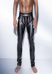 Sexy Men Funny Skinny Faux PU Leather Trousers Open Front Pants Gay Wetlook Black Long Johns Nightclub Performance Dancer Leather 8753325