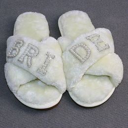 Customized Personalized Pearls Fluffy Slippers Bridal Shower Wedding Bachelorette Hen Night Party Decoration Proposal Gift 240514