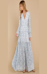 Casual Dresses Bohemian Chiffon Dress Fashion Sexy Deep V Neck Long Sleeve Maxi Woman Blue Boho Shirt Beach Plus Size Skirt4443418