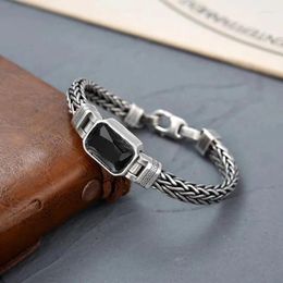 Link Bracelets QN Silver Colour Couple Style Hand-Knitted Bracelet Old Vintage Black Stone Men Personalised Versatile 5MM Chain Fashion