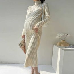 Maternity Dresses Pregnant women wearing Turlteneck long and thick knitted maternity long sweater loose dress d240520