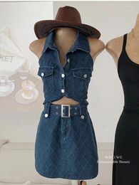 Work Dresses 2024 Summer Women Sexy Gyaru Coquette Denim Outfits 2 Piece Set Sleeveless Vest Crop Tops Mini Skirt With Belt Streetwear Tide