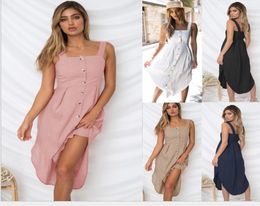 Womens Holiday Strappy Button Dress Ladies Sexy Casual Summer Beach Midi Sun Dress Plus Size five colors sell3094360