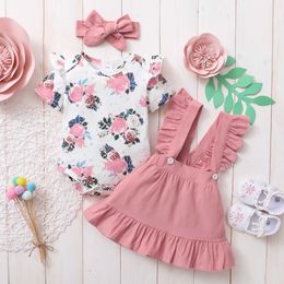 Clothing Sets 3-24 Months Newborn Baby Girl Dress Baby Princess Dress Short Sleeves Floral Bodysuit + Suspender Skirt + Headband 3PCS Outfit Y240520ZZ7Q