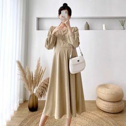 Maternity Dresses Autumn and Winter Pregnant Womens Clothing Long sleeved Corduroy Shirt Office Womens Dress Elegant Pregnant Womens Dress Black Khaki d240520