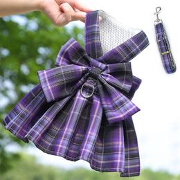 Pet Jk Plaid Dress Dog Harness and Leash Set Bow Skirt Kitten Puppy Vest Luxury Dog Clothes Chihuahua Dog Outfits Bichon Items 240518