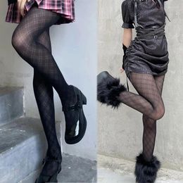 Women Socks Thin Black Pantyhose Harajuku Punk Diamond Cheque Plaid Sheer Tights