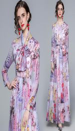 Flowy Chiffon Printed Resort Swing Maxi Dress Long Sleeve Runway Designer Womens Casual Beach Floral Dresses Scarf Bow Elegant Lad8782948