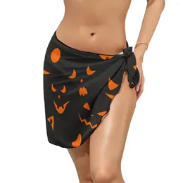 Happy Haunts Chiffon Beach Bikini Cover Up Halloween Pumpkins Cover-Ups Female Wrap Scarf Swimwear Aesthetic Beachwear Gift