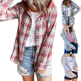 Women's Polos Autumn And Winter Plaid Hoodie Single Row Button Casual Shirt