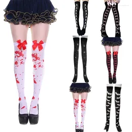 Women Socks Halloween Thigh High Stockings Skull Web Bat Blood Cosplay