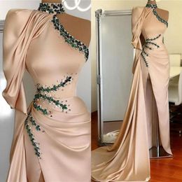 Champagne Mermaid Prom Dresses Beaded High Neck High Side Split Long Sleeve Evening Dress Party Second Reception Gowns Custom Made 258b