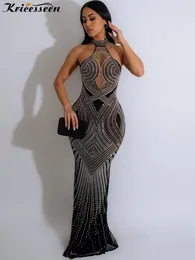 Casual Dresses Kricesseen Sexy Black Crystal Mesh See Through Maxi Dress Women Halter Backless Bodycon Birthday Clubwear Outfits