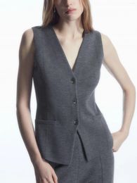 Women's Jackets Woolen Women Gray Or Black Vest Single Breasted Simple Top V-Neck Spring Summer 2024 Ladies Sleeveless Coat