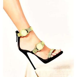 Newest Golden Watch Embelished Heel Sandals Gladiator Open Toe Woman Ankle Strap Thin High 0ee