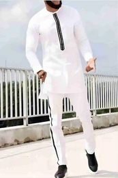 Middle East Traditional Muslim Style Mens Suit simple Elegant White Shirt With Trousers Printed Casual Party Ball 2Piece 240518